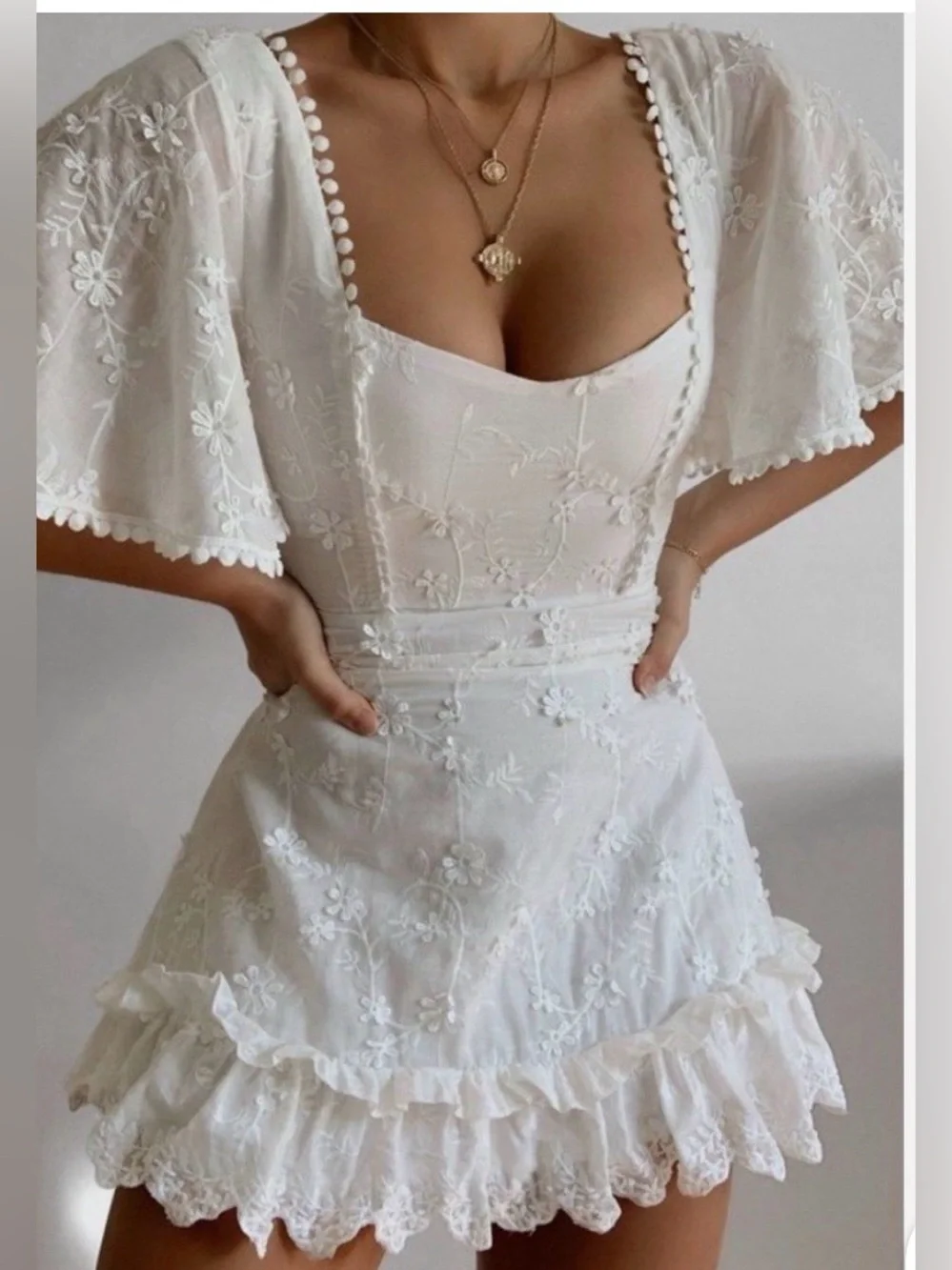white ruffle dress mini Broderie Anglaise Cotton Ruffle White Mini Dress